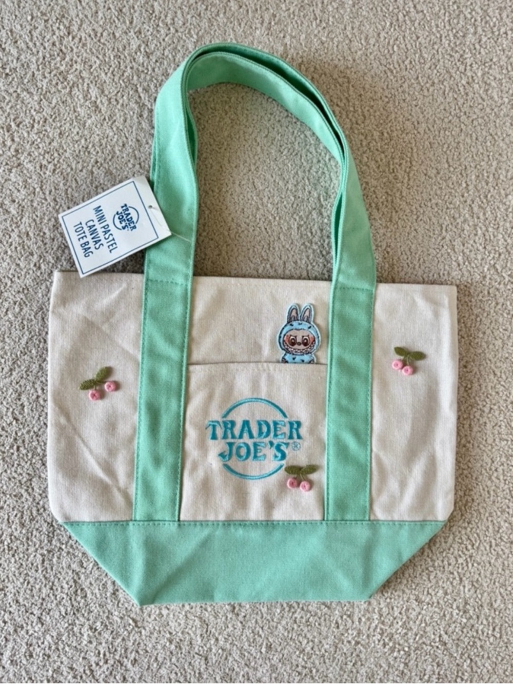 Trader Joe's Custom Pastel Mini Tote Labubu Cherry Embroidered Tote Bag